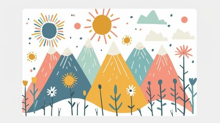 Abstract serene illustration featuring layered mountains with a warm sun and blooming flowers in a calming color palette, invoking a sense of peace and nature's beauty. Great as banner design.