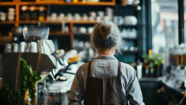 Barista in apron standing at counter in cafe and looking at camera