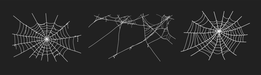 Spooky halloween old spider web with various sizes and shapes. Old cobweb set vector illustration for dark gothic decoration for holidays. Corner spider net insect thread cobweb scary frames. - obrazy, fototapety, plakaty