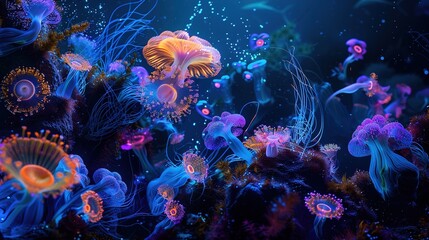 Fototapeta na wymiar Bioluminescent organisms merging with digital underwater scene, illustrating nature's bioluminescence.