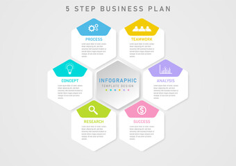 Infographic template 6 Business planning steps for success Multi-colored hexagons above with icons The white hexagon in the center has letters on a gray gradient background.
