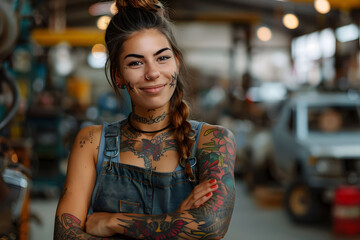 Confident Tattooed Female Mechanic in Workshop