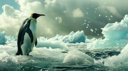Obraz premium Solemn Guardian of the Ice, A solitary emperor penguin stands resolute amidst the turbulent waters and floating icebergs under a dramatic sky, a sentinel in the vast Antarctic expanse