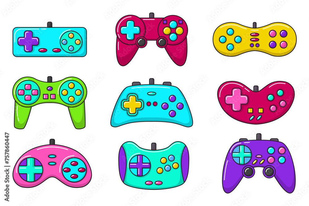 Fototapete vector game controller gamepad icons set. multicolored joysticks elements flat style isolated on whi