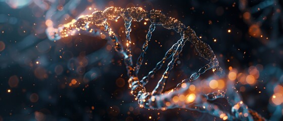 A digital representation of a DNA molecule, the fundamental blueprint of life, glows with luminescent nodes against a deep blue backdrop, complexity and beauty of biological evolution and genetics. - obrazy, fototapety, plakaty