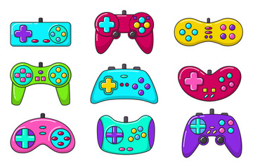 Vector game controller gamepad icons set. Multicolored joysticks elements flat style isolated on white background. Retro gamer device collection. 