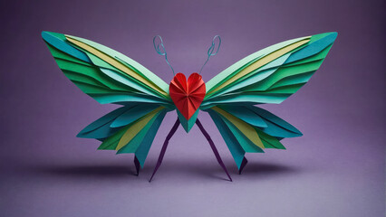 paper art style illustration of a butterfly cut out with colored paper on colored background