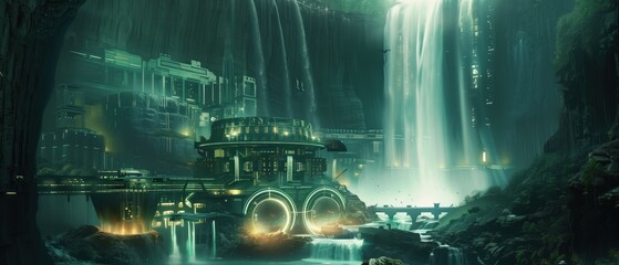 Hidden Utopia, An awe-inspiring image of a futuristic city concealed within a colossal cave, illuminated by the ethereal glow of waterfalls and bioluminescent flora.