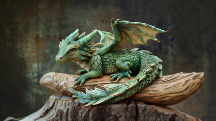 green dragon statue on wood, symbol 2024