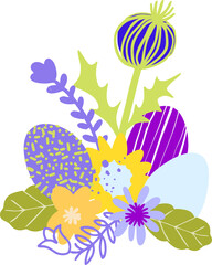 Cute cartoon composition of isolated botanical elements and symbolic Easter elements in flat style. Minimalist style of modern art. Spring digital illustration