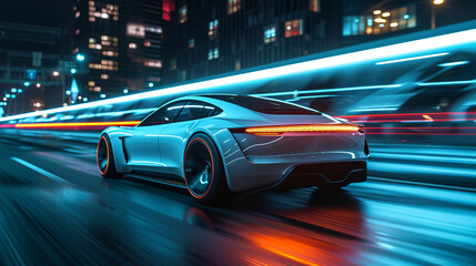 sports car accelerating fast speed on a neon highway - obrazy, fototapety, plakaty