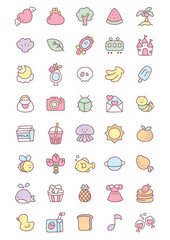 Kawaii icon set. Collection of cute hand drawn stickers isolated on a white background. Vector 10 EPS.