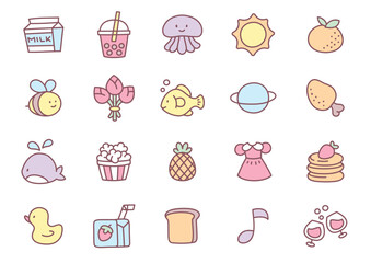 Kawaii icon set. Collection of cute hand drawn stickers isolated on a white background. Vector 10 EPS.