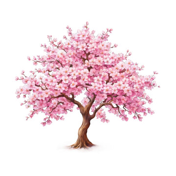 Cherry blossom tree watercolor illustration clipart, minimal tree, pink tree, isolated on white background, nature