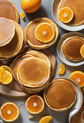 Close up of fresh american pancakes with orange