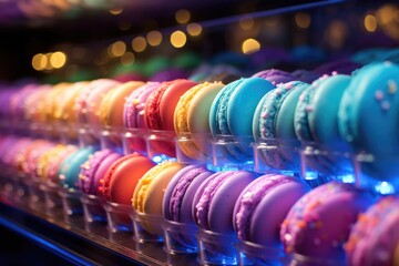 Rows of colorful macarons in a display case, with blurred out fairy lights adding a festive touch.