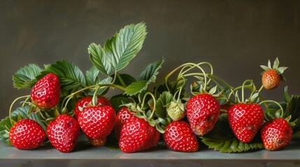 A bunch of strawberries with leaves on a table next to each other, AI
