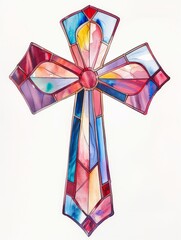 Stained Glass Cross on White Background Generative AI