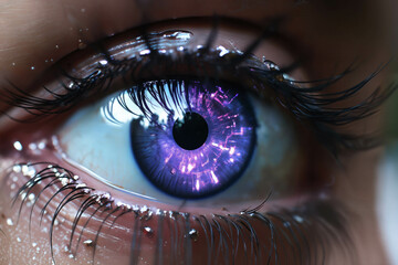 close view of woman's eye with purple decorative art makeup on her face - obrazy, fototapety, plakaty