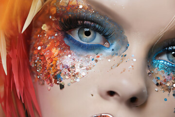 portrait of a redhead woman with decorative and artistic glitter makeup on her face