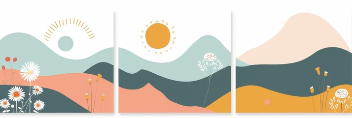 Abstract serene illustration featuring layered mountains with a warm sun and blooming flowers in a calming color palette, invoking a sense of peace and nature's beauty. Great as banner design.