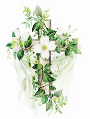 Dogwoods and White Blossoms Surrounding a Happy Easter Jesus Cross Generative AI