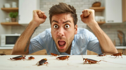 A man saw a cockroach in the kitchen.