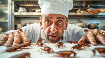 A cook saw a cockroach in the kitchen of a restaurant. - obrazy, fototapety, plakaty