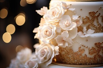 A close-up of a tiered wedding cake, adorned.