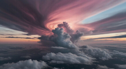 A majestic sky of swirling clouds illuminated. A sky with clouds, some pink and some grey, against a blue sky.