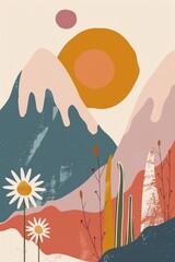 Abstract serene illustration featuring layered mountains with a warm sun and blooming flowers in a calming color palette, invoking a sense of peace and nature's beauty. Great as banner design.