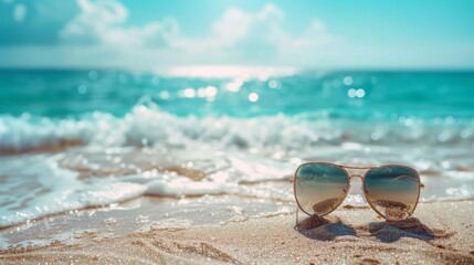 Sunglasses on a beach with the ocean in background, AI