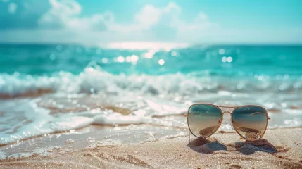 Crédence de cuisine en verre imprimé Turquoise Sunglasses on a beach with the ocean in background, AI