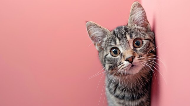 A domestic cat peeks out from behind a corner on a light pink background, with copy space