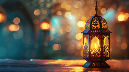 Elegant Ramadan Kareem background featuring lantern, arabesque motifs, Minimalist Islamic backdrop with burning candle, bokeh lights, festival poster, Suitable for Hari Raya, Eid Mubarak, Eid al Adha - obrazy, fototapety, plakaty