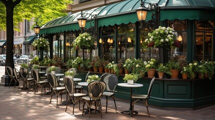 Fototapeta na wymiar Outdoor cafe with beautiful green awnings and chairs