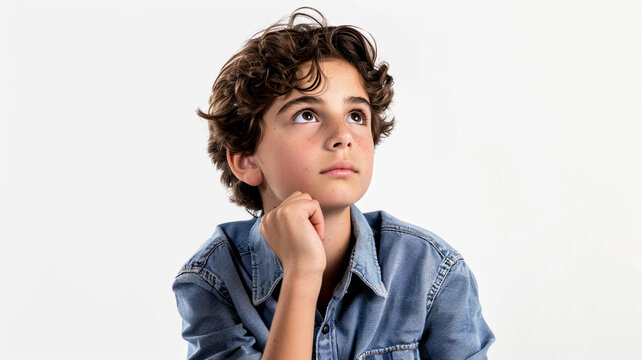 a boy in casual clothes poses in contemplation isolated on white background