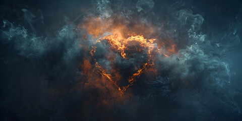A heart is burning in flames among the clouds, Heart surrounded by misty clouds of warm and welcoming . - obrazy, fototapety, plakaty