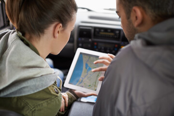 Couple, car and map on road trip with navigation for direction, vacation and travel to destination...