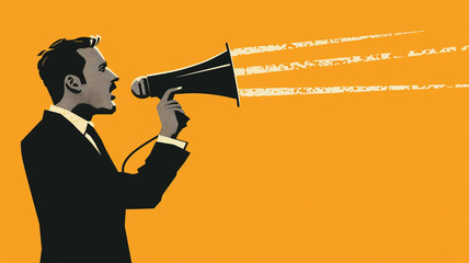 Businessman announces information via megaphone