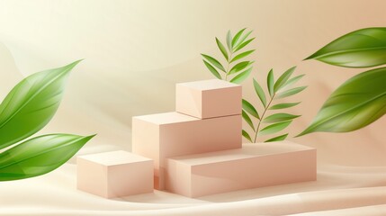 3D background with beige, pink realistic steps cube box stand podium. Green leaf decorate. 