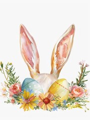 Whimsical Watercolor Easter Scene with Bunny Ears and Floral Accents Generative AI