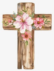 Watercolor Wooden Cross with Floral Arrangement for Baptism or First Communion Generative AI