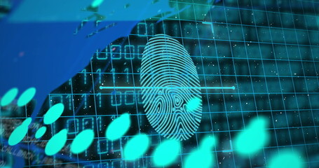 Image of biometric fingerprint, binary coding and data processing over world map