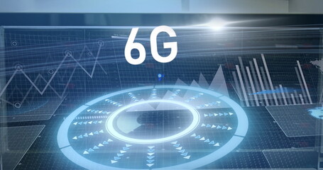 Image of 6g text and scanner processing data on charts and graphs over computer server room