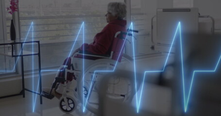 Image of cardiograph over biracial senior female patient in wheelchair