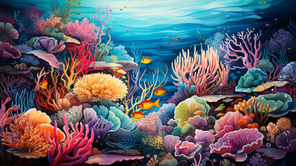 A watercolor painting depicts a rich and vibrant underwater scene teeming with diverse coral reef life.
