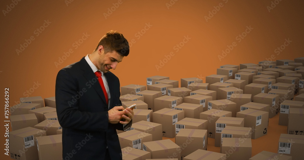 Poster image of man using smartphone with stacks of boxes on orange background