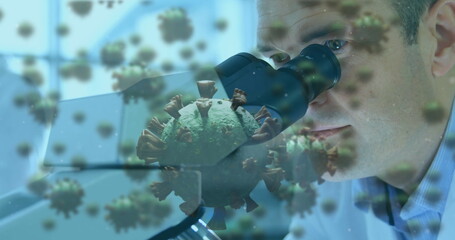Coronavirus research depicted with cells over a male scientist using a microscope.