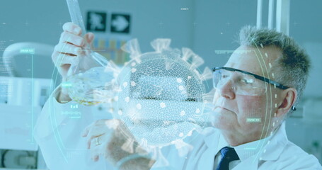 Image of a coronavirus model floating over a view of a male laboratory worker during the research